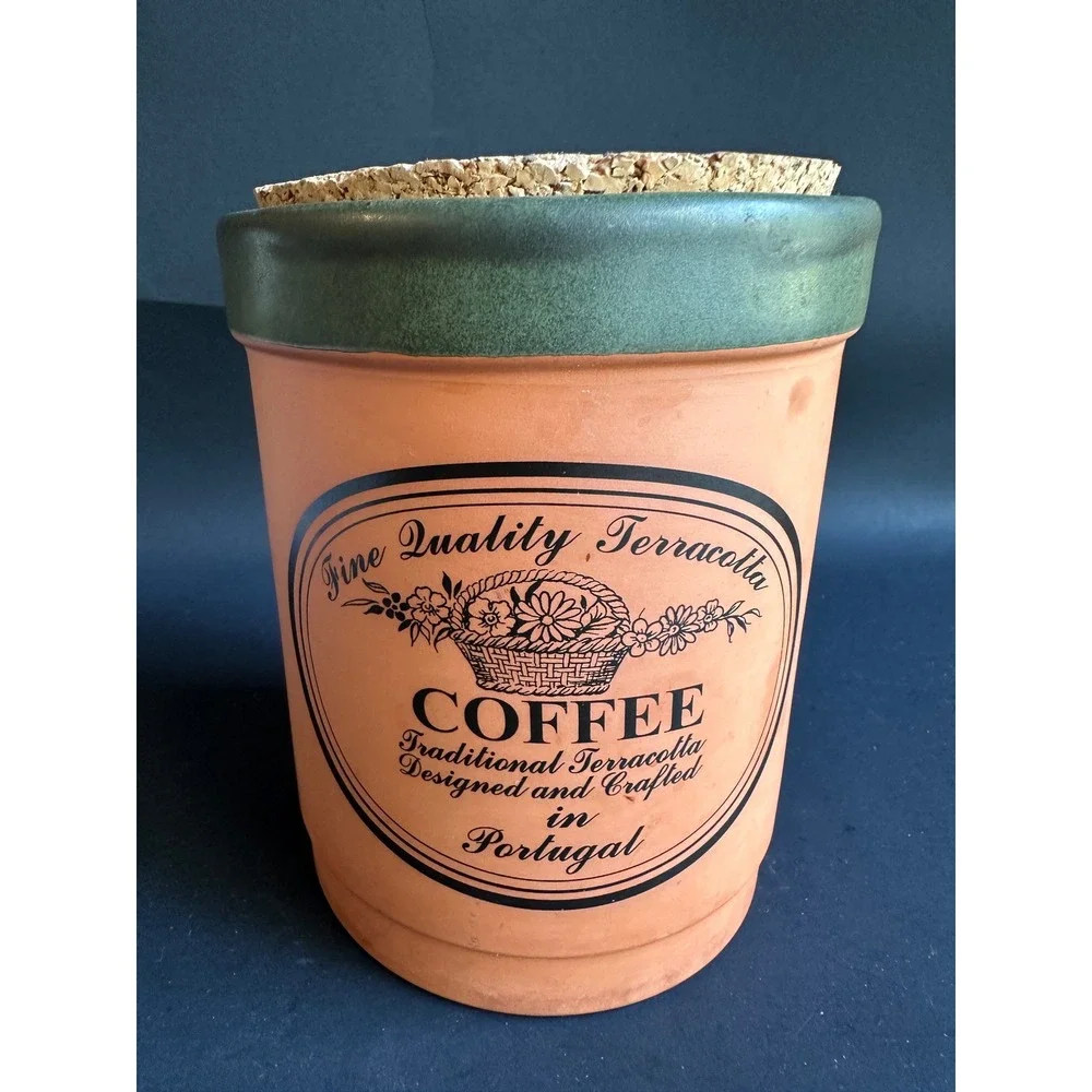 Casa Verde Terracotta Coffee Canister Portugal Orange Green Cork Lid Jar